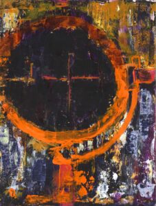Abstrakte Komposition in orange und schwarz vor ocker-blauem Hintergrund. Birgit Slanina, 2024 Acryl auf Papier